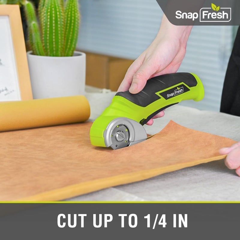 SnapFresh مقص كهربائي لاسلكي، 4 فولت قاطع صندوق كهربائي صغير، أداة قطع السجاد والورق المقوى مع شفرة/شاحن بديل، قاطع دوار لطرود الورق المقوى والجلد والبلاستيك (أخضر) - Image 5